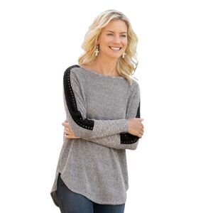 Soft Surroundings Waffle Knit Sweater Black Gray Lace Trim Cozy Petite Small
